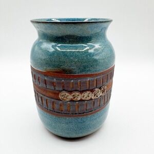 Vtg Ed Schrock Studio Pottery Crock Vessel Psalms 96:1 Signed  Blue Glaze 6.5"